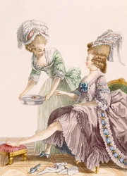 Senhora elegante tendo os pés lavados pela empregada, gravada por Dupin, placa de &39;Galeries des Modes et Costumes Francais&39;, c.1778-87